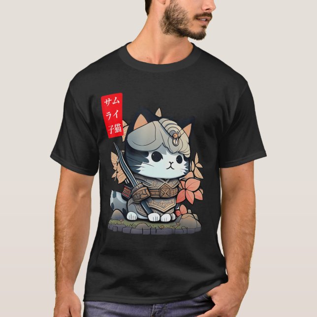 Camiseta Kawaii Samurai Warrior Kawaii Gato Japonês E (Frente)