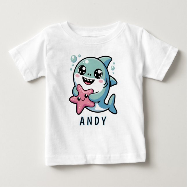 Camiseta Kawaii Shark and Starfish Melhores Amigos (Frente)