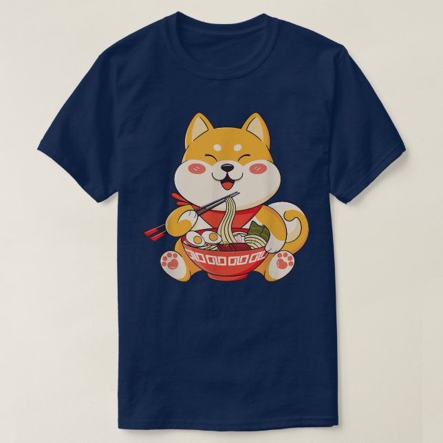 Camiseta Kawaii Shiba Inu Cachorro Come Ramen Cute Japão An (Frente do Design)