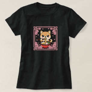 Camiseta Kawaii Shiba Inu Comendo Macarrão Ramen Japonês 
