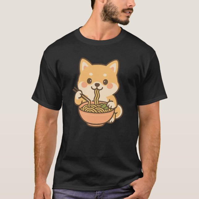 Camiseta Kawaii Shiba Inu Comendo Ramen - Cachorro de Noodl (Frente)