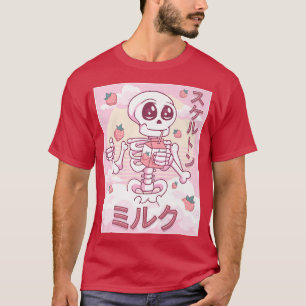 Camiseta Kawaii Skeleton Strawberry Milk Japonês Kawaii Pa