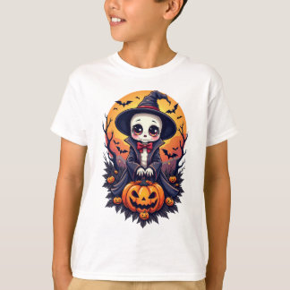 Camiseta Kawaii Skeleton Witch com Pumpkin