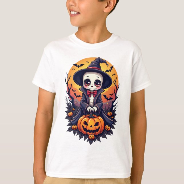 Camiseta Kawaii Skeleton Witch com Pumpkin (Frente)