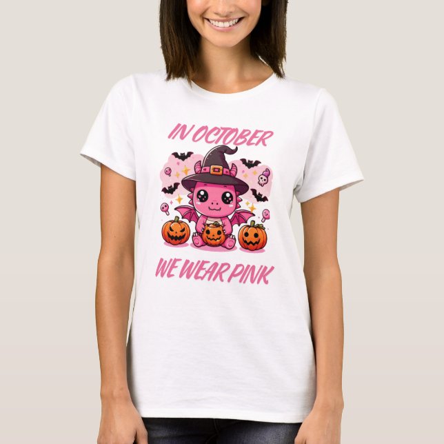 Camiseta Kawaii Spooky Season Pink Witch Dragon Design (Frente)