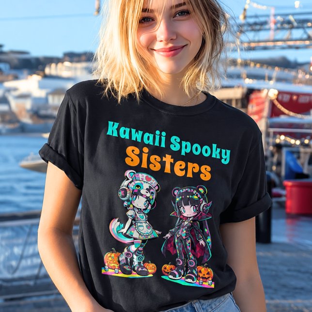 Camiseta Kawaii Spooky Sisters Anime Chibi Halloween (Criador carregado)