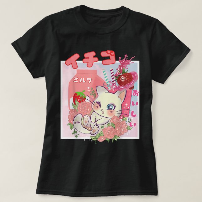 Camiseta Kawaii Strawberry Milk Cat Aesthetic (Frente do Design)