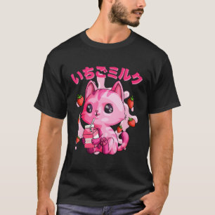 Camiseta Kawaii Strawberry Milk Cat Gatinho Japonês Chibi K