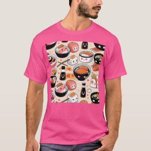 Camiseta Kawaii Sushi Amigos Engraçado Padrão de Comida Jap