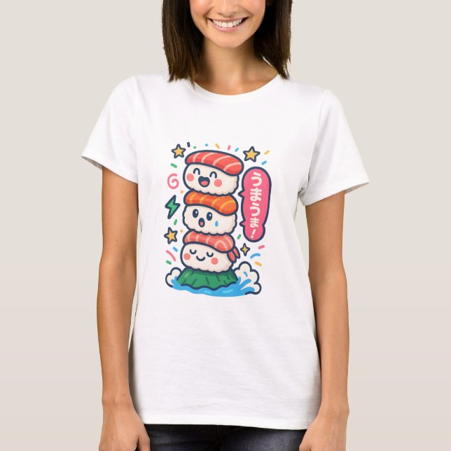 Camiseta Kawaii Sushi Stack – Desenho de comida japonesa fo (Frente)
