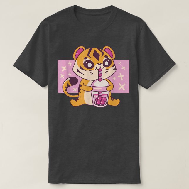 Camiseta Kawaii Tiger Baby with Boba Tea Cute Japonês Grap (Frente do Design)