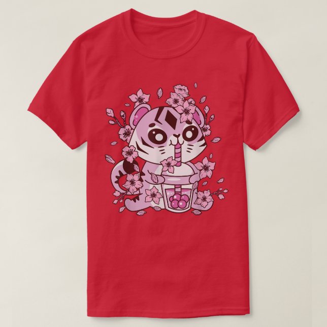 Camiseta Kawaii Tiger com Bubble Tea e Boba tea e Saku (Frente do Design)