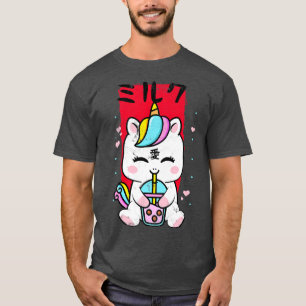 Camiseta Kawaii Unicorn Bebendo Strawberry Milk Bubble Tea