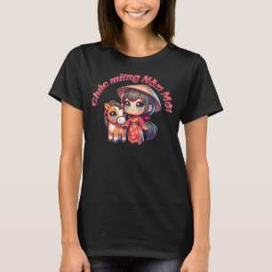Camiseta Kawaii, vietnamita de ano novo, garota e cavalo