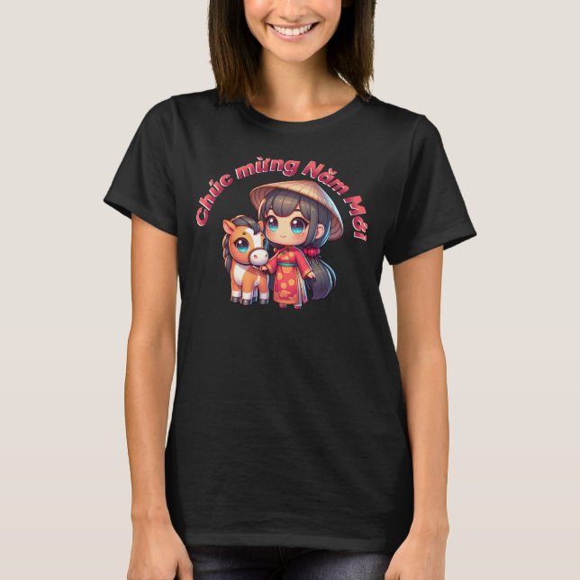 Camiseta Kawaii, vietnamita de ano novo, garota e cavalo (Frente)