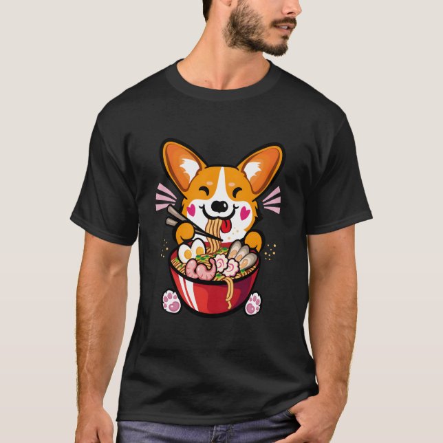Camiseta Kawaii Welsh Corgi Comendo Ra (Frente)