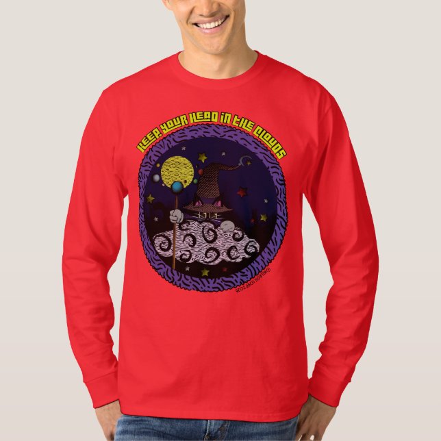 Camiseta Keep Your Head In The Clouds Cartoon Wizard Cat (Frente)