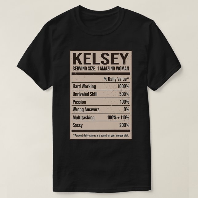 Camiseta Kelsey Nutrition Facts Name Apelido Alias Título F (Frente do Design)