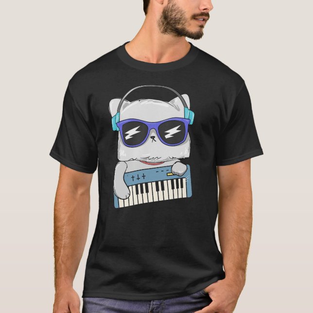 Camiseta Keyboard Playing Cat Funny Kitty Musician Fun (Frente)