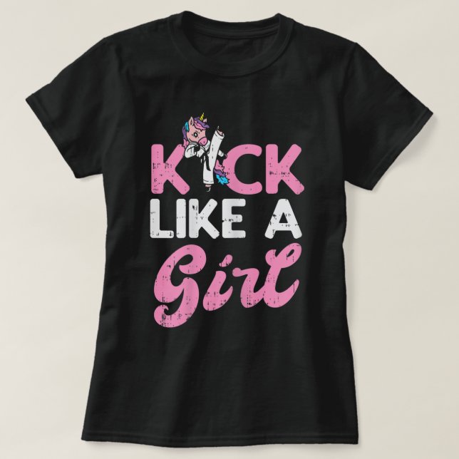Camiseta Kick Like Girl Unicorn Karate Taekwondo Martial Ar (Frente do Design)