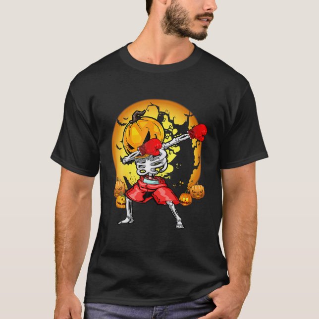 Camiseta Kickboxe Skeleton Dabbing Halloween Pumkin Mulhere (Frente)