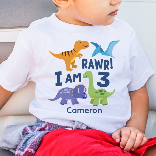 Camiseta Kid aniversário de 3 anos Dinossaur Rawr Personali (Criador carregado)