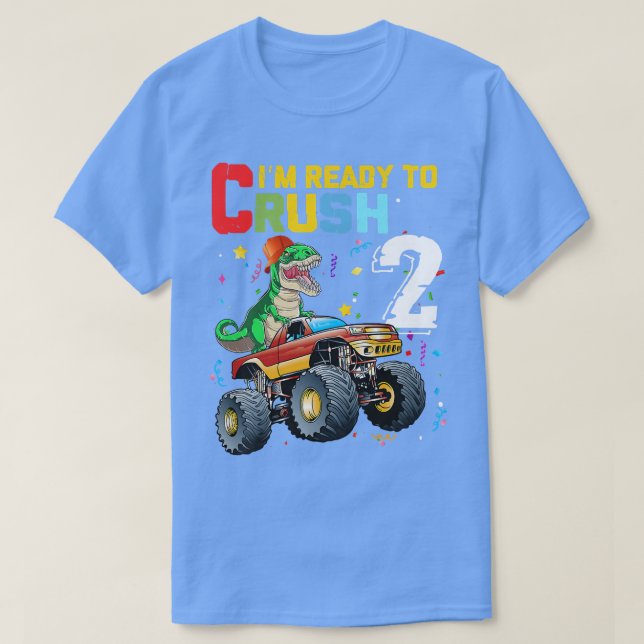 Camiseta Kids 2nd Birthday Boy Monster Truck Dinosaur T Rex (Frente do Design)