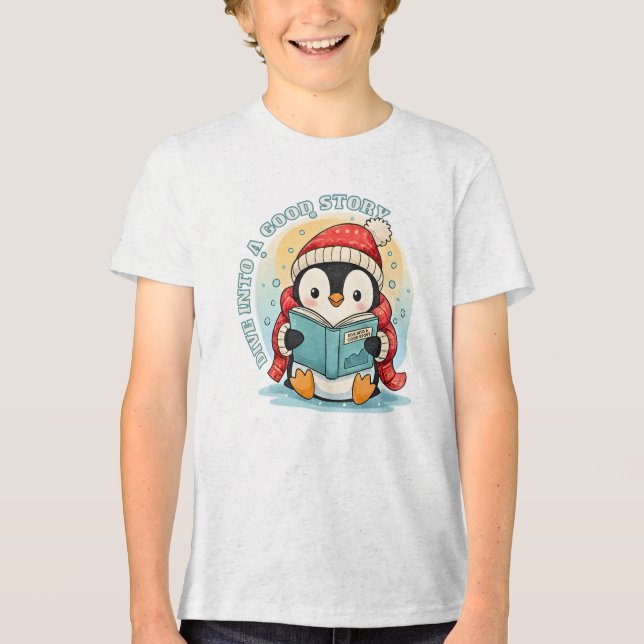 Camiseta Kids' Ash Grey Reading Penguin Adventure Cotton Te (Frente)