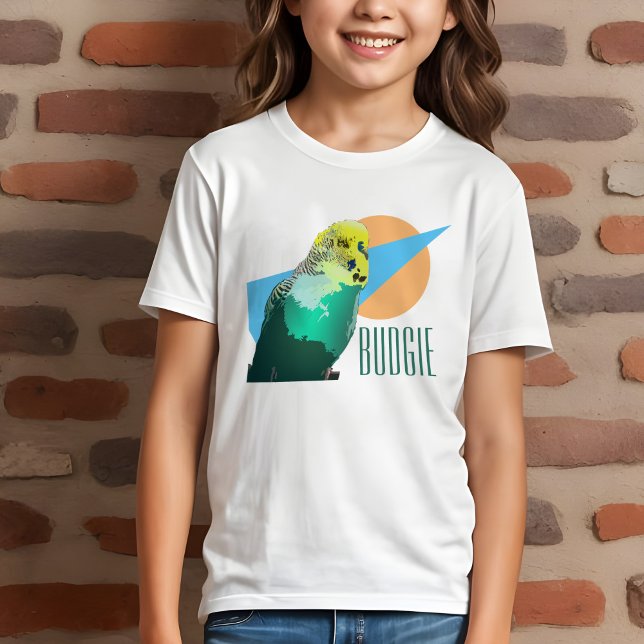 Camiseta Kids Budget Love Retro Blue Geométrico Pet Bird (Kids' budgie t-shirt with cool retro geometric design and aqua budgerigar for pet bird lovers)