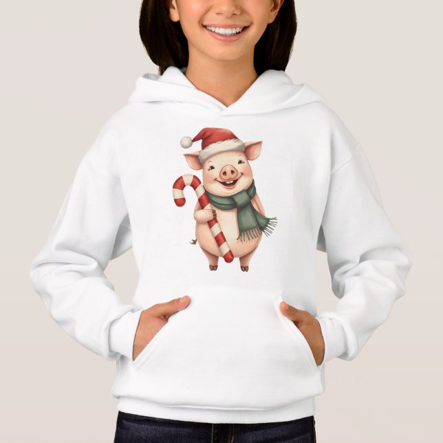 Camiseta Kids Cute Christmas Pig with Candy Cane Hoodie (Frente)