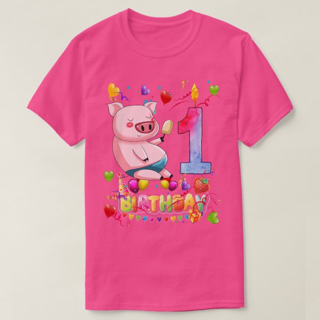 Camiseta Kids Kids Pig Birthday Party 1 Year Old Boy 1th Pi (Frente do Design)