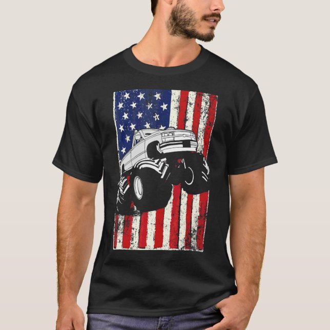 Camiseta Kids Monster Truck American Flag Racing Usa Patrio (Frente)