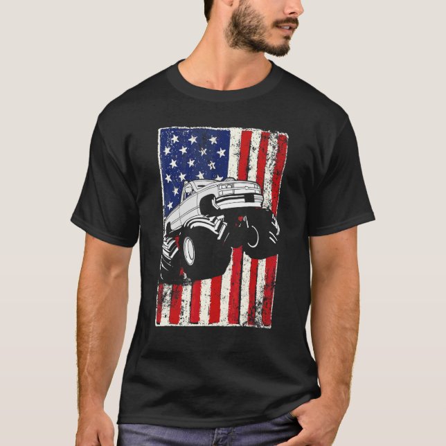 Camiseta Kids Monster Truck American Flag Racing Usa Patrio (Frente)