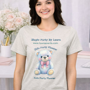 Camiseta Kids Party Planner Pastel Teddy Bear Logotipo QR