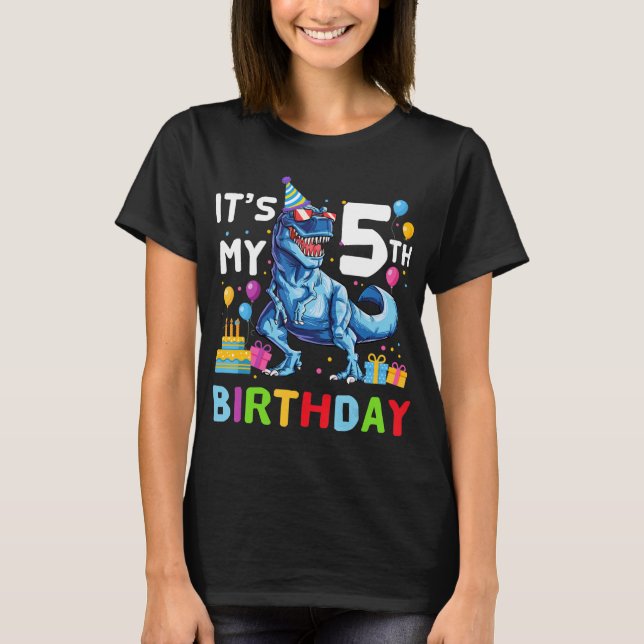 Camiseta Kids Rawr Eu sou 5 5 de aniversário T Rex Dinossau (Frente)