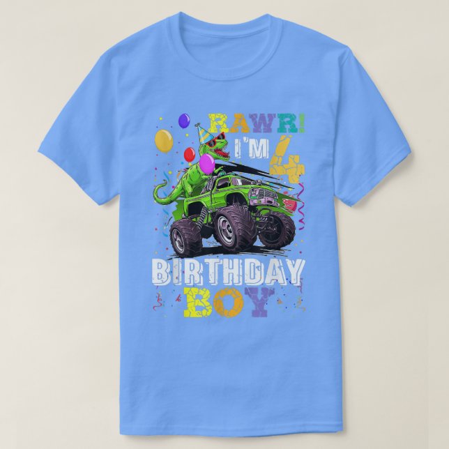 Camiseta Kids T Rex Dinosaur Monster Truck 4th Birthday  (Frente do Design)