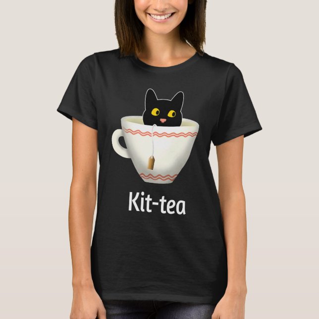 Camiseta Kit Tea  Cat  , Cute Black Cat Kitty in Kittea (Frente)