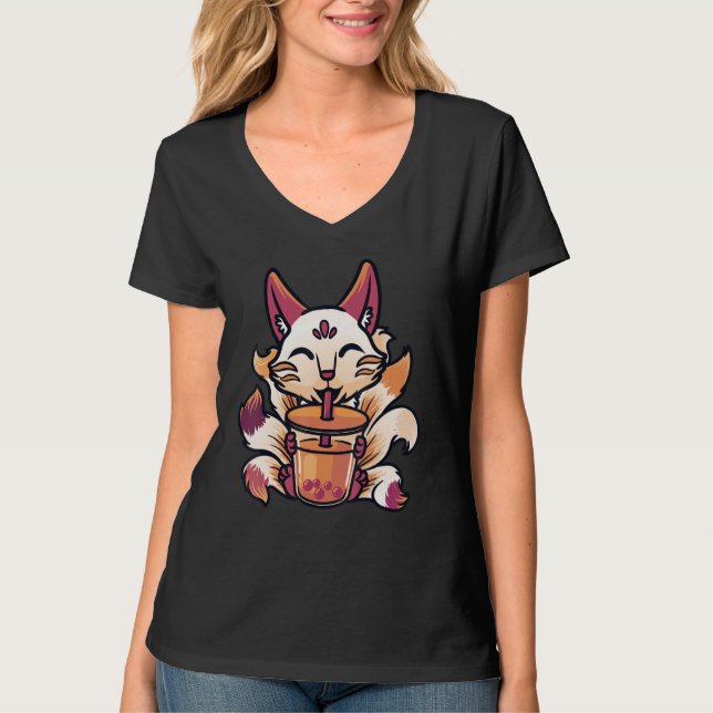 Camiseta Kitsune Boba Japonês Bolha Tea Cute Fox (Frente)