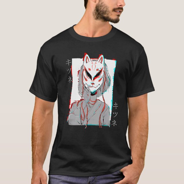 Camiseta Kitsune Fox Mask Vaporwave Glitch Japão Style (Frente)