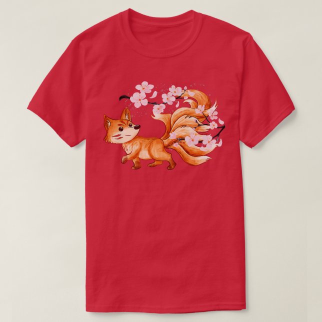 Camiseta Kitsune Yokai Fox Fantasy Japanese Folklore Cherry (Frente do Design)
