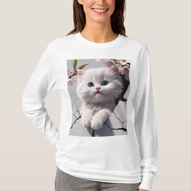 Camiseta Kitten Branco Entre Blossomas De Cereja (Frente)