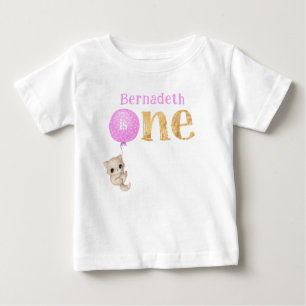 Camiseta Kitten com primeiro aniversario de Balão Rosa