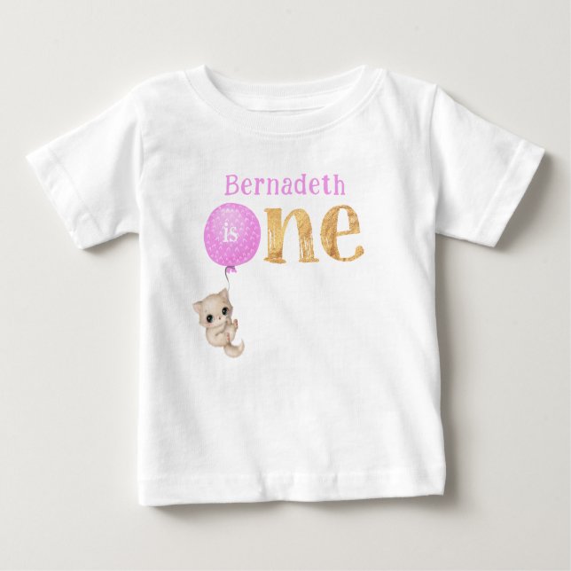 Camiseta Kitten com primeiro aniversario de Balão Rosa (Frente)