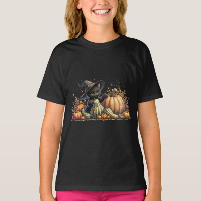 Camiseta Kitten da Bruxa Negra do Halloween W/ Pumpkins Gou (Frente)