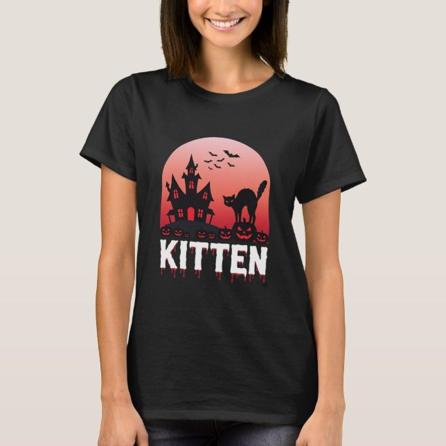 Camiseta Kitten de Halloween Casa Assombrada Design de Gato (Frente)
