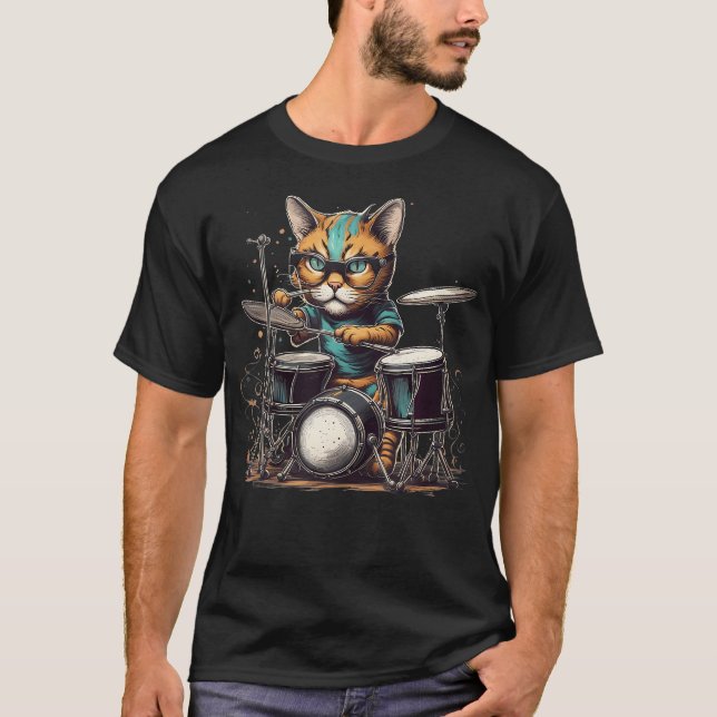 Camiseta Kitten de Rockstar Punk Gatinho Bateria Tocando Ba (Frente)