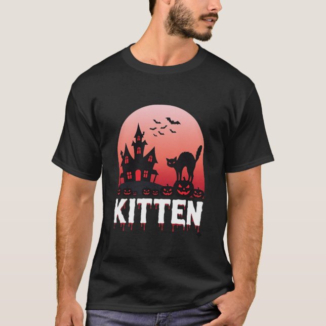 Camiseta Kitten do Dia das Bruxas Casa Assombrada Design de (Frente)