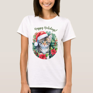 Camiseta Kitten Em Santa Hat Feliz Férias Arte De Natal