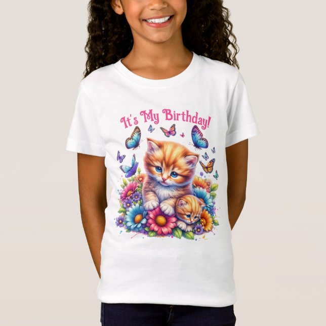 Camiseta Kittens, Borboletas e Flores Aniversário (Frente)