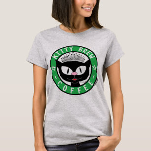 Camiseta Kitty Brew Coffee Gato de Desenho Preto Fofo
